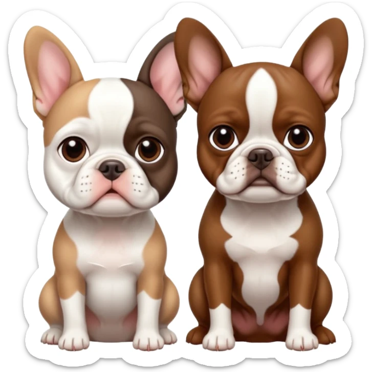 All pure white French bulldog sitting next to skinny brown Boston terrier sticker