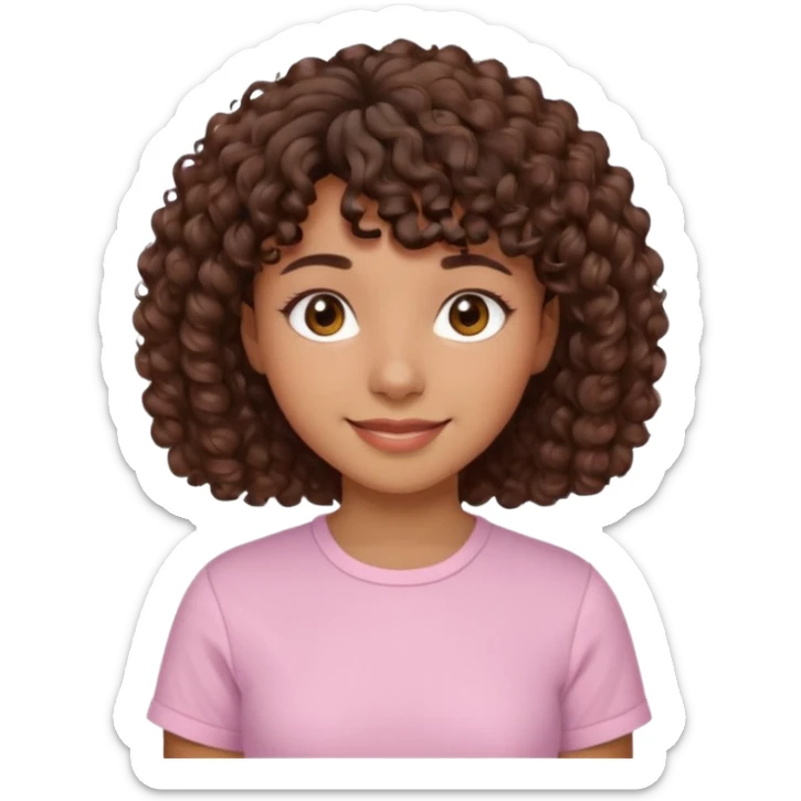 A Latina girl with brown eyes and short curly hair with curly bangs with a light pink shirt sticker