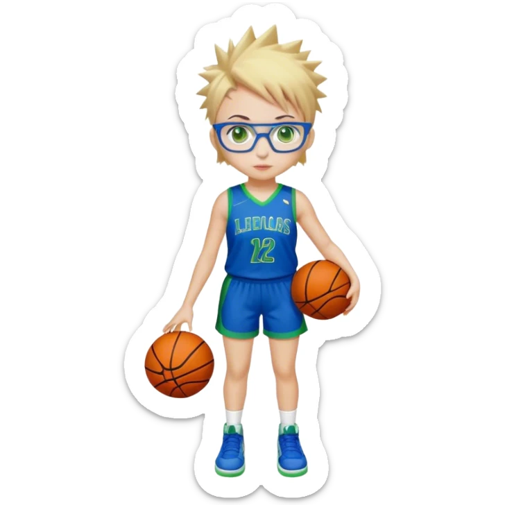 Full Body white plus size Girl with basketball spikey short brown and blonde hair  wearing blue glasses with green eyes wearing blue and green basketball uniform sticker