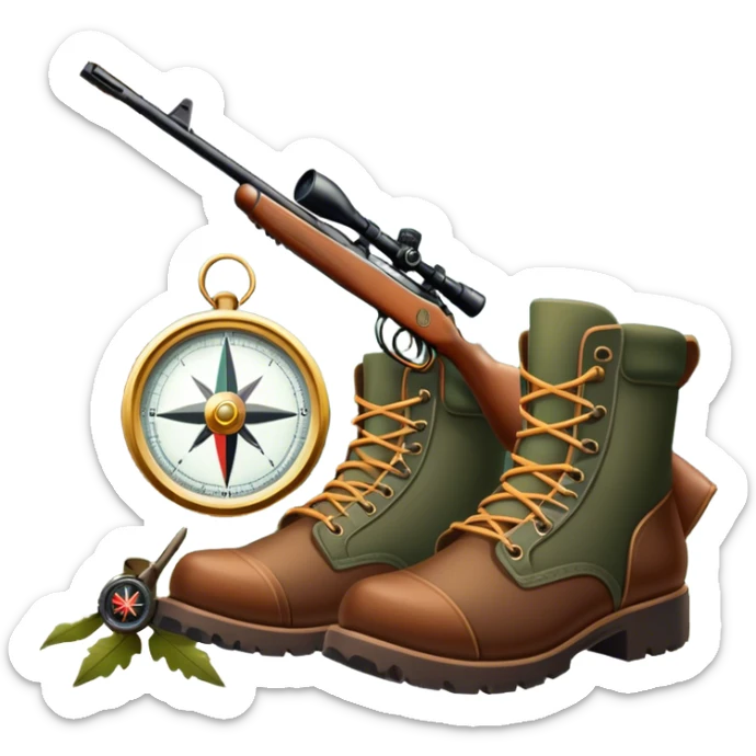 emoji for Hunting Tourism: a hunting rifle, hunting boots and a compass on a forest background, with a silhouette of wildlife in the distance. The icon should capture the adventure and connection with nature in hunting tourism. Transparent background. sticker