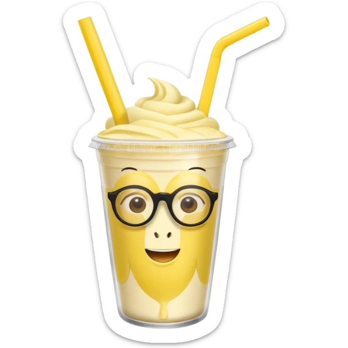 banana milkshake in a take-out cup with glassess and long lashes and banana on top sticker