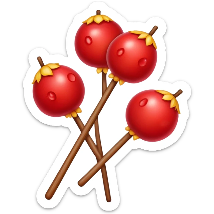 Candied hawthorn fruits on wooden stick Tanghulu, simplified emoji style with bold outlines and bright colors, cartoon style shiny red Chinese sweet sticker