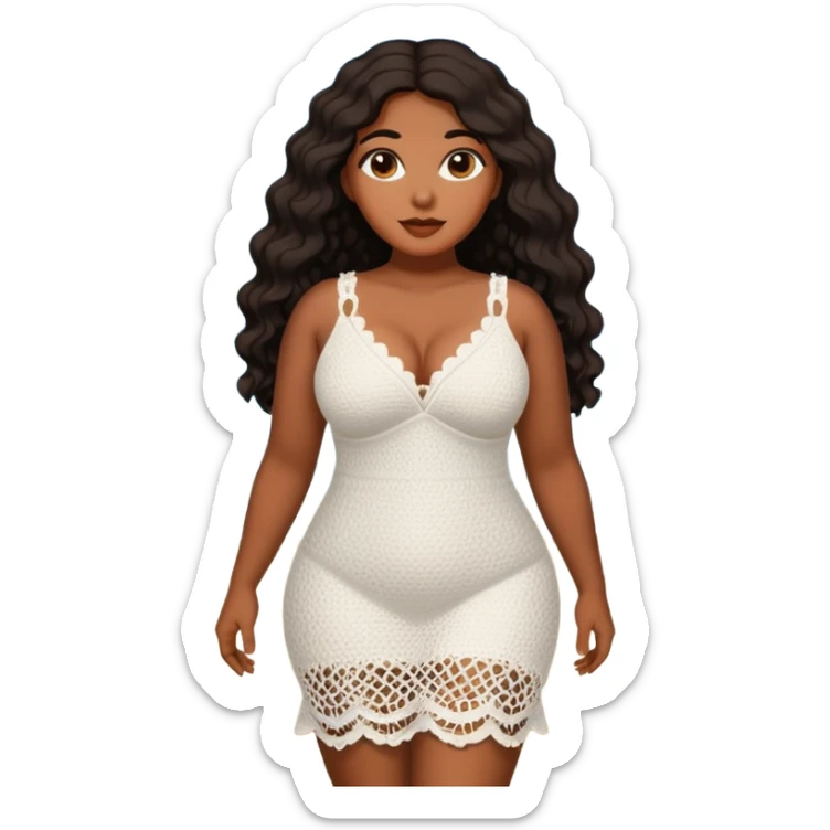 Curvy woman with brown skin with long wavy black hair, brown eyes. She's wearing a white crotchet dress standing on a beach sticker