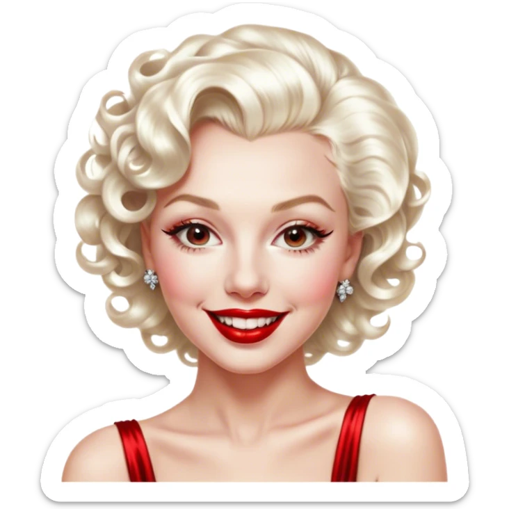 Cinematic Realistic Marilyn Monroe Emoji, featuring a glamorous, high-detail portrayal of the legendary Hollywood star. Her iconic platinum curls, radiant smile, and signature red lips are illuminated by dramatic, vintage-style lighting, evoking the timeless allure of classic cinema. sticker