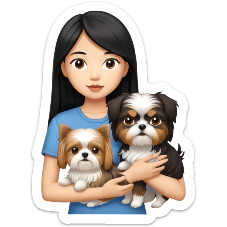 A beautiful Asian girl with long black hair is holding a Yorkshire Terrier. She is standing next to her brown skinned boyfriend, who is holding a Shih Tzu. They are each holding one dog each sticker