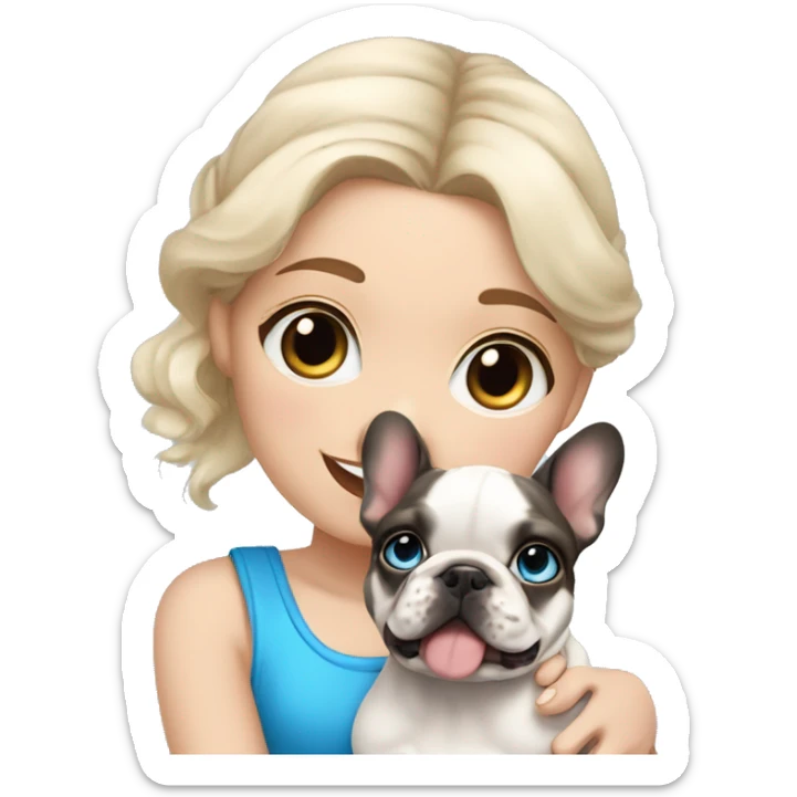  Girl light-skinned and fair-haired blue eyes with a French bulldog merle puppy sticker