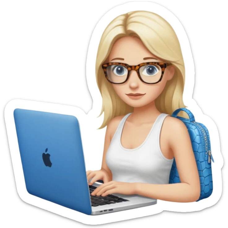 long blonde hair woman blue eyes with tortoise shell print glasses wearing white tank top on mac book with a white crocodile patterns laptop case  sticker