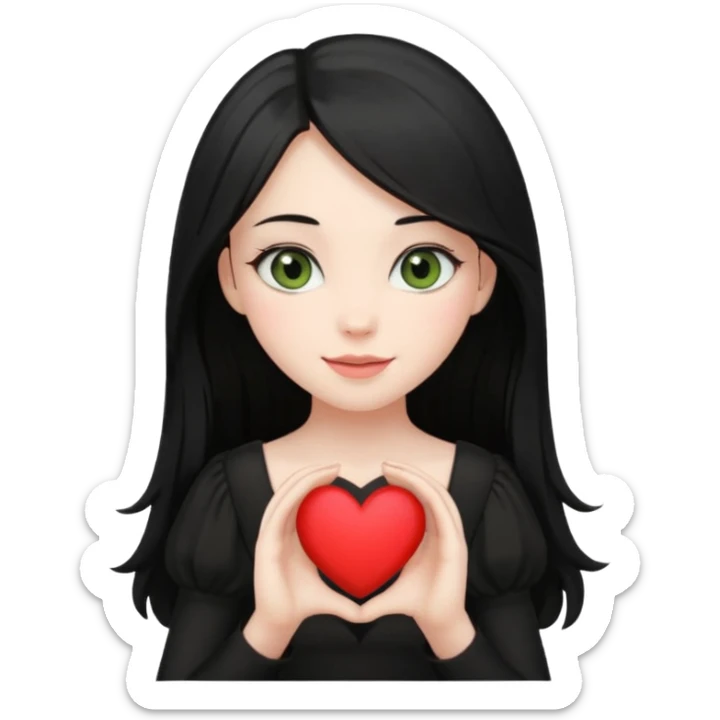 Pale girl with long black hair and olive green eyes soft smile wearing black dress and holding a heart sticker