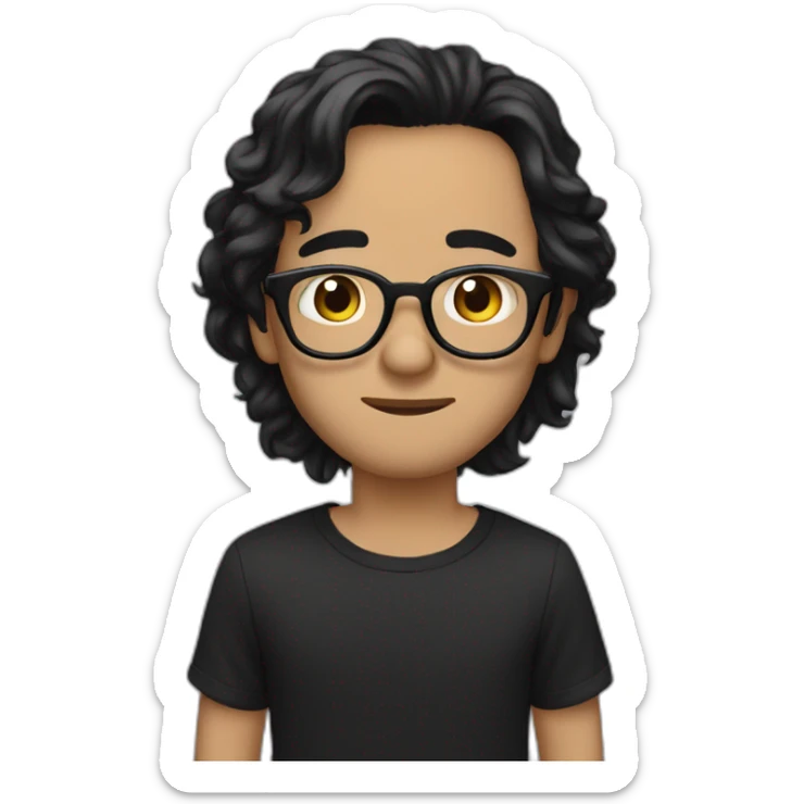 Beige guy, black eyes, black long wavy hair, no facial hair, thin long nose, round glasses, black t shirt sticker