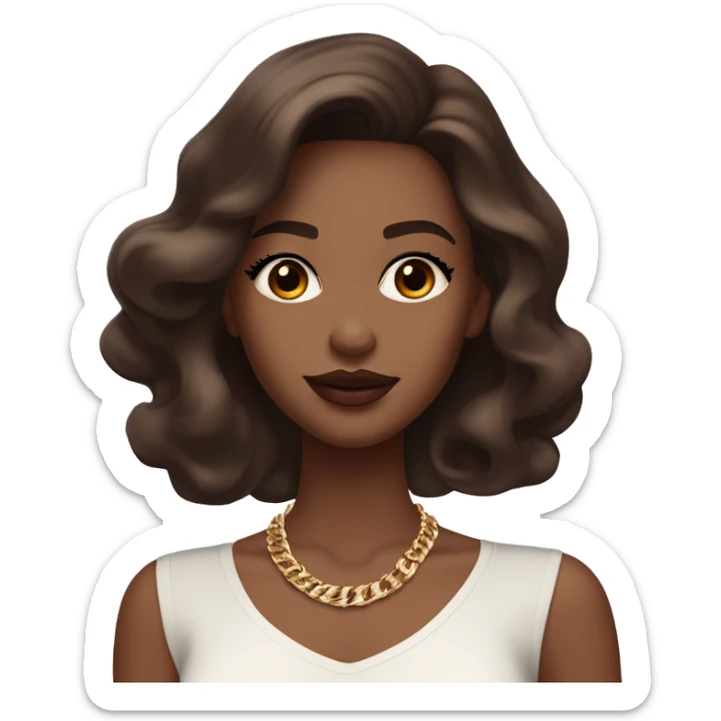 Girl with brown cateyes and a white skin tone long eyelashes with long dark brown hair in a side parting in a wavy/blowout effect style wearing white scoop neck top and wearing a gold necklace and has plump light pink glossy lips sticker