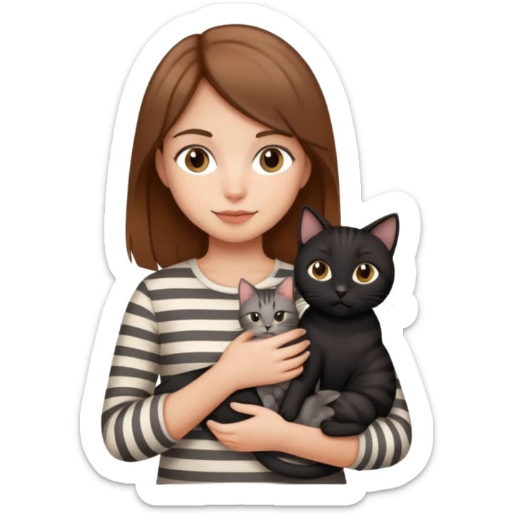 tan brown-haired girl holding two cats, one black cat and one grey-striped cat sticker