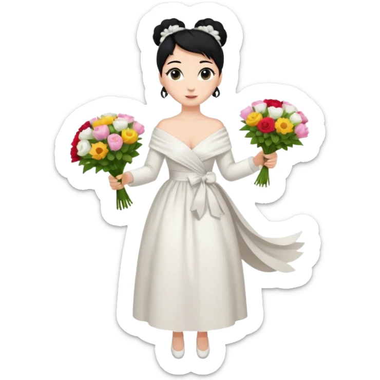 Chica blanca,cuerpo entero, vestido fiesta blanco ,manga larga ,con estola, pelo negro,    ramo de flores una mano, pelo recogido en moño alto sticker