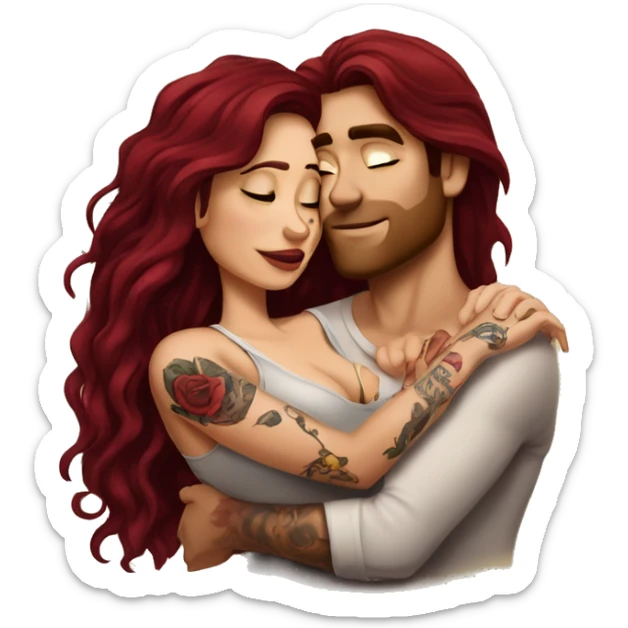 Beautiful tattooed burgundy long haired woman laying on the boyfriends chest sticker