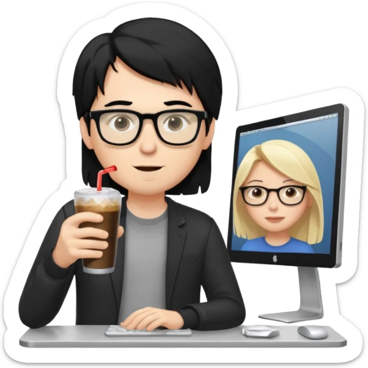 Hombre blanco con gafas, pelo negro tomando un refresco frente a un ordenador con ropa de sport,  y se ve en la pantalla del ordenador una mujer rubia tomando café sticker