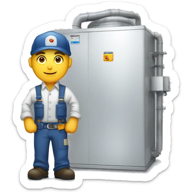 Make an emoji where a man in working clothes stand in front of a big hvac air handler like what they use in factories sticker
