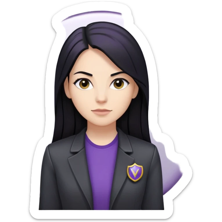 MULHER BRANCA, CABELO LONGO LISO E PRETO, CAMISA CINZA, JAQUETA PRETA E CRACHA ROXO DA VIVO sticker