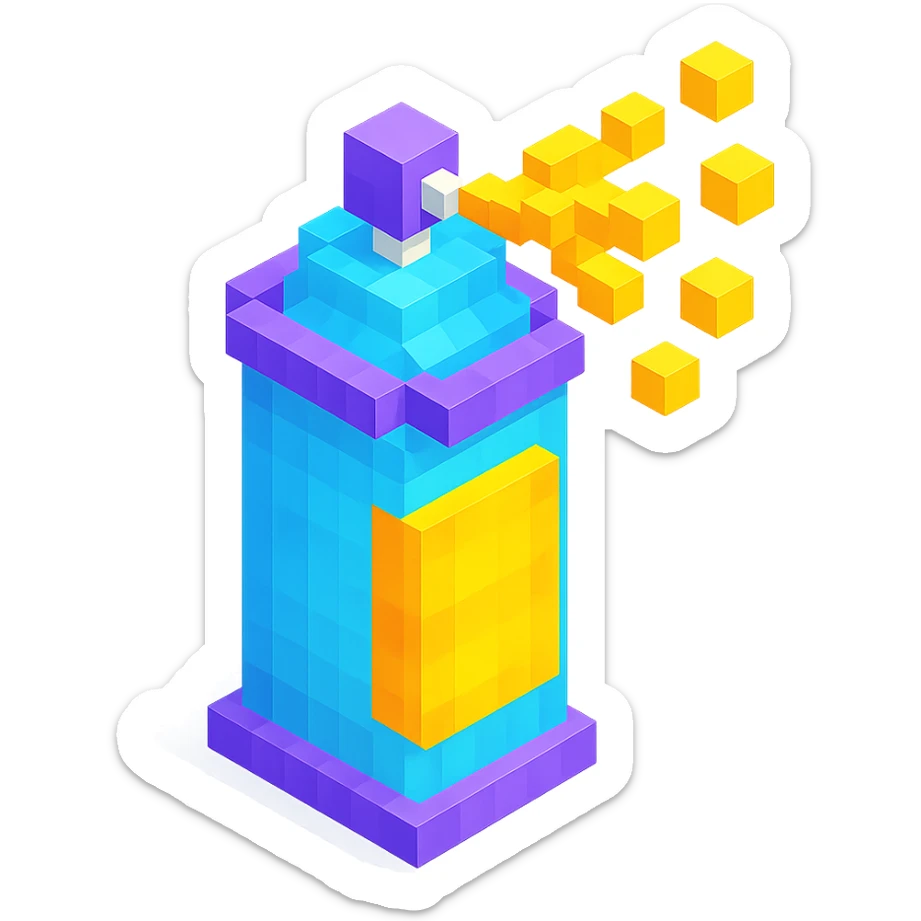 voxel style spray paint can with gold paint, spray coming out, isometric view sticker