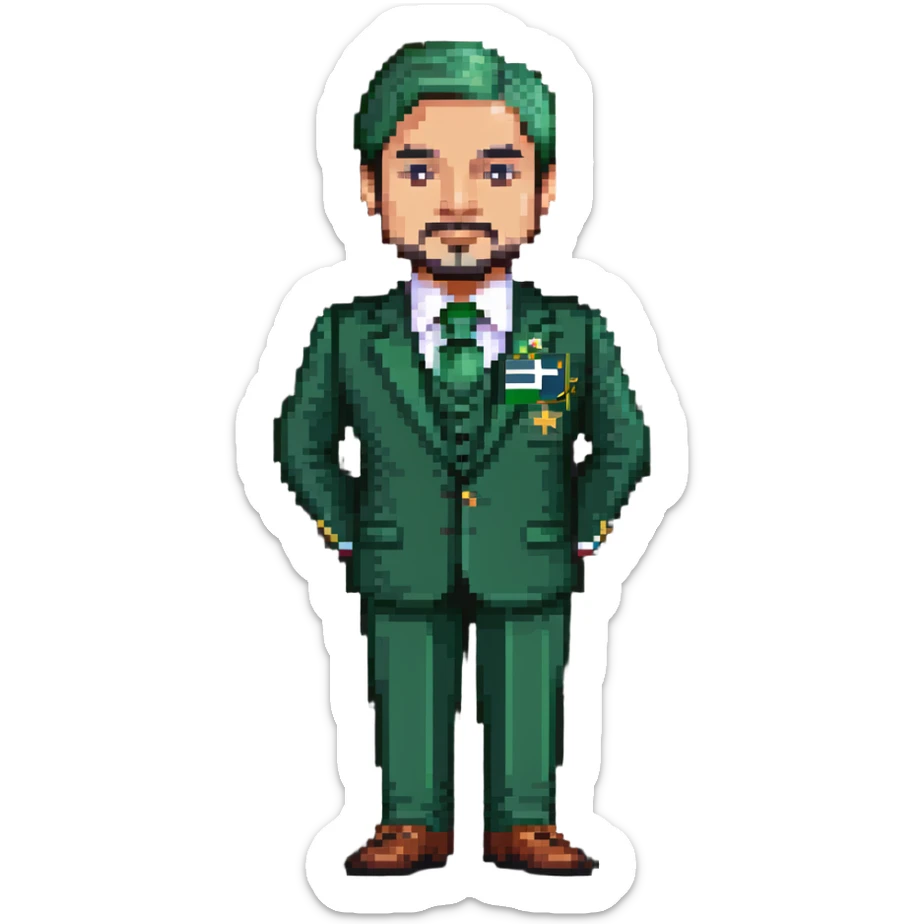 Pakistani diplomat in formal attire with Pakistan flag colors sticker