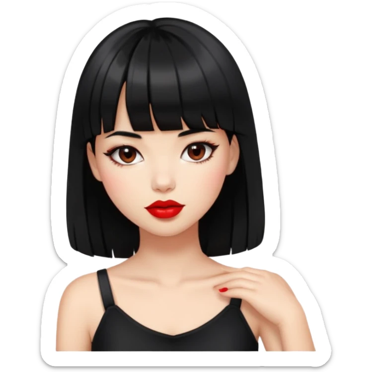 menina com cabelo preto no ombro e franjinha de batom vermelho e roupa top preto sticker