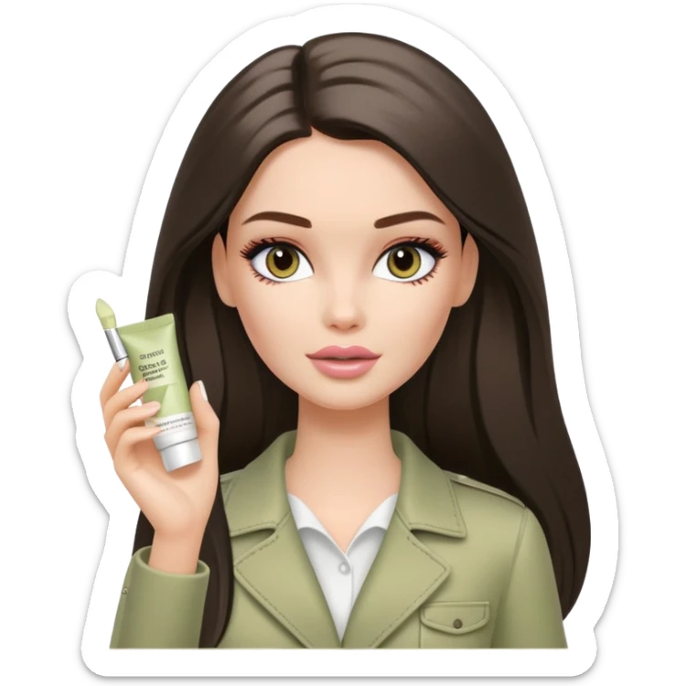A white Barbie girl with long dark brown straight hair in pale olive clothes smears by hand cosmetic cream on her face sticker