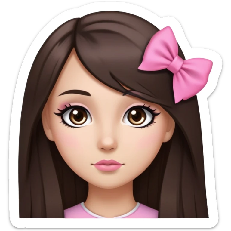 pretty bratz baddie, long straight hair brunette baddie with eyeliner and brown eyes and small pink bow sticker