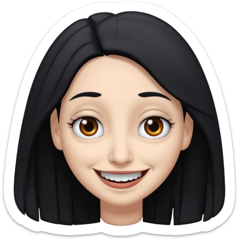 woman with gray skin and black hair and a creepy face with white eyes and a droopy smile sticker