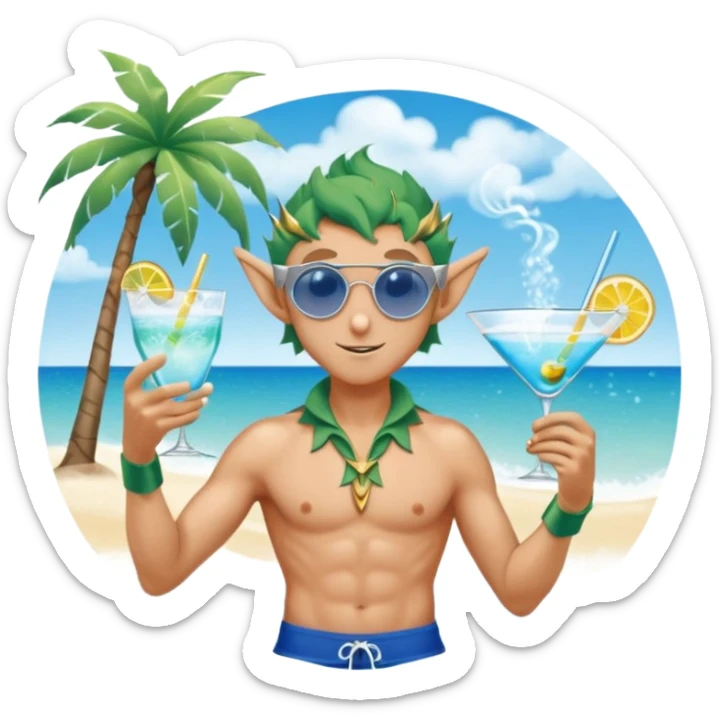 elf male in stylish blue swim trunks, palm extended over cocktail glass, conjuring swirling frost and mist to chill it, silver aviator sunglasses, pointy ears, confident smirk, minimalist beach bar backdrop, centered emoji, summer magic sticker