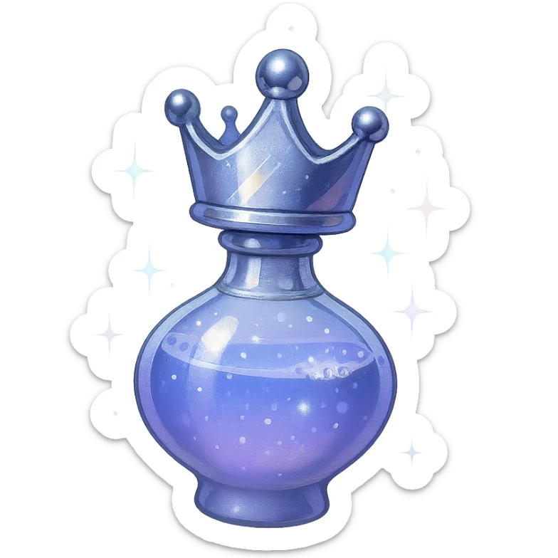 galutinis itin prabangus itin mažas eliksyro buteliukas, įkvėptas karūnos: viršuje karūnos forma, spalva #7986cb, apačia sklandžiai pereina į apvalų, uždarą buteliuką (ne plokščia, ne stiklinė), visas buteliukas atrodo tarsi sklandytų ir suktųsi ore, elegantiškos sidabrinės ir holografinės detalės, magiški švytėjimai ir blizgesiai, labai mažas kaklelis, vientisa apvali apačia, skaidrus fonas, be pagrindo ar šešėlio, modernus, kolekcijai tinkamas, dar mažesnės proporcijos sticker