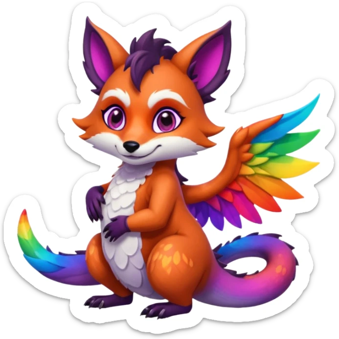 black female raccoon dragon hybrid with rainbow colored wings and purple eyes giving a big hug to a red female fox dragon hybrid with rainbow colored wings and orange eyes sticker