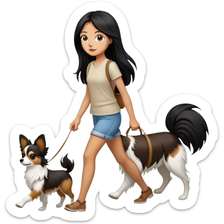 A girl with long black hair is walking a papillon dog, brown and white sticker