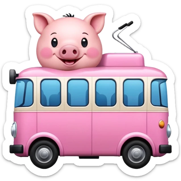 Very happy blue trolleybus with big windows that looks like a pig (the pig is pink) sticker