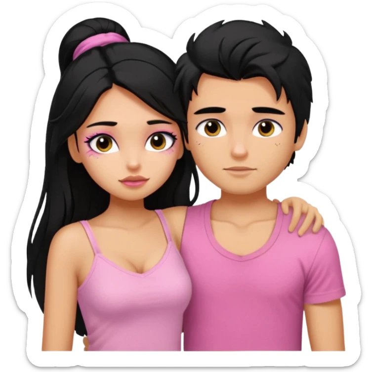 generate a pretty tan bratz boy with messy black hair wearing a white tshirt. Hugging a fair girl with long black hair, eyeliner, wearing a pink cami.  sticker