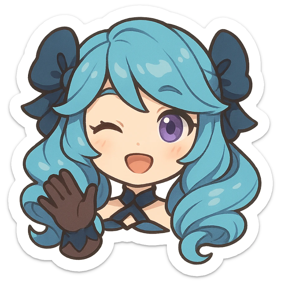 chibi style Gwen from League of Legends, only head, right eye purple, one hand waving with glove, cute and expressive sticker
