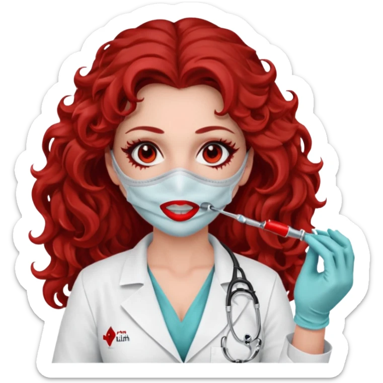 Lilith scalpel in hand, evil surgeon sexy surgeon clothes.  She has red eyes.  Hair is long. Hair is brown and curly hair. Wears sexy doctor outfit with red gloves. Covers mouth and neck mask rec red sticker