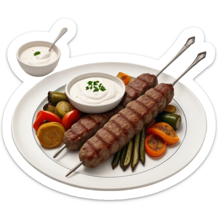 Cinematic Realistic image of a long, hand shaped Turkish Köfte, rendered with richly spiced meat textures and subtle grill marks, artfully arranged on a traditional Turkish ceramic plate alongside classic sides such as a serving of aromatic pilaf, crisp grilled vegetables, and a dollop of creamy yogurt, all bathed in warm, appetizing lighting that emphasizes its savory allure. sticker