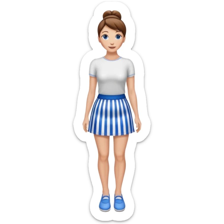 Pretty 50-year-old woman with 1 miniskirt that is blue and white striped brown hair in bun blue eyes and pretty legs sticker