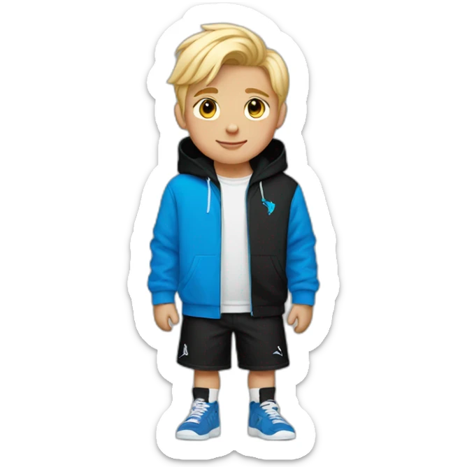 Boy with a black puma hoodie And blue shorts And blonde hair sticker