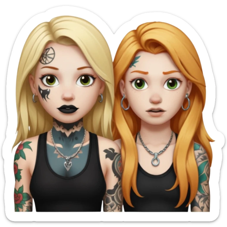 girl with long blonde hair, black tattoos and a septum piercing next to an athletic ginger girl with tattoos and a septum piercing sticker