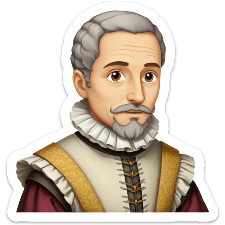 Cinematic Realistic Miguel de Cervantes Portrait Emoji, depicted as a wise thoughtful literary figure in period attire with a reflective gaze, rendered with detailed textures and soft historical lighting that captures his enduring literary legacy. sticker