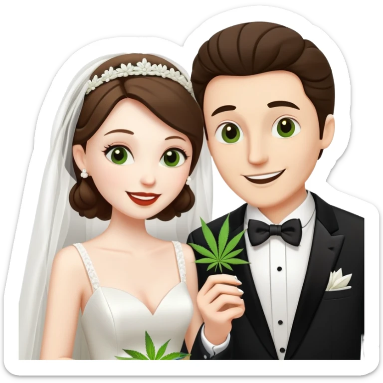 Bride in white dress and groom in tuxedo sharing a cannabis joint, cheerful cartoon wedding couple sticker