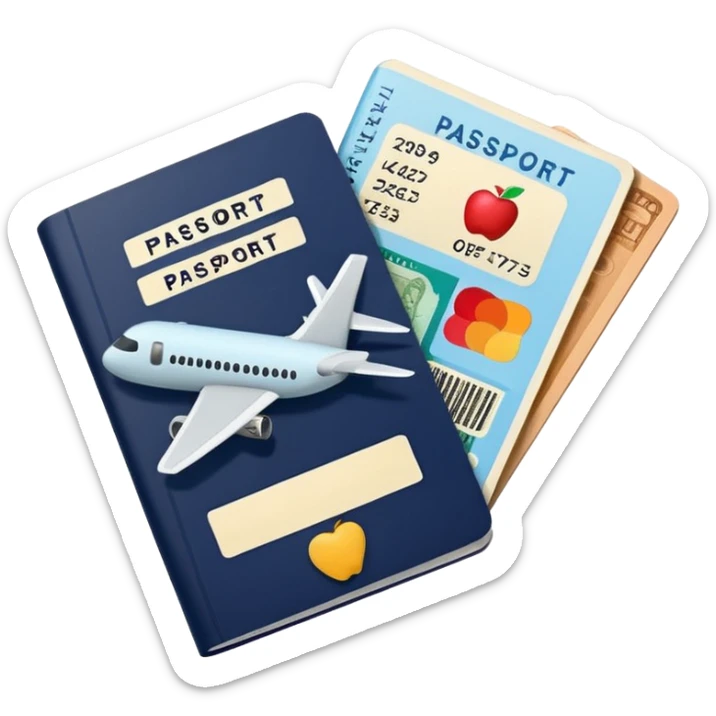 passport with airplane tickets sticking out, Apple emoji style, colors #173e12 and #c1a793, no text, simple shapes sticker