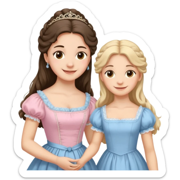 happy long hair brunette girl in light pink dress and blonde girl in light blue dress pride and prejudice sticker