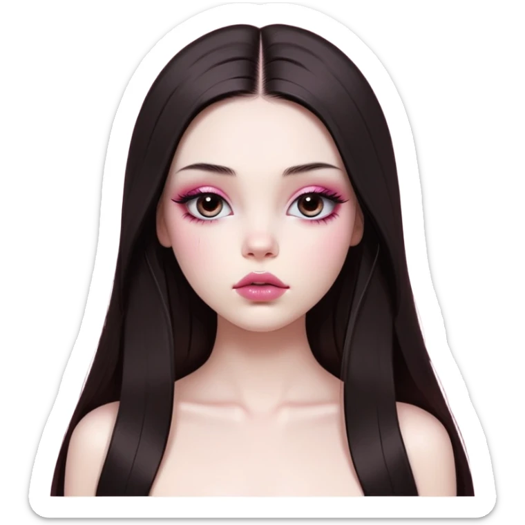 girl with white skin, dark brown long realistic straight hair with middle part prominently falling in front of her body over her shoulders, very big pouty extremely glossy ultra-shiny lips with nude reddish-pink lip gloss and absolutely no cupid's bow, big round eyes with very black shiny eyeballs and huge eyelashes, no eyeshadow, pink blush on cheeks, lighter button nose, exceptionally elongated very long oval-shaped face, wearing a pink off-shoulder top, looking directly at camera with hands down at sides sticker