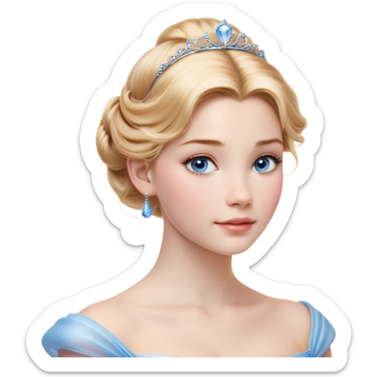Cinematic Realistic Cinderella Portrait, depicted with lifelike skin texture, subtle rosy undertones, and soft natural lighting that enhances the gentle contours of her face. Her intricately detailed golden blonde hair is elegantly styled in an updo, with delicate wisps framing her face. Her deep, expressive blue eyes radiate warmth and sincerity, reflecting a quiet resilience and grace. She holds a glass slipper gently in one hand, her other hand resting gracefully at her side, emphasizing the timeless beauty of the moment. She is dressed in her iconic ball gown, the fabric shimmering with intricate embroidery and fine translucent layers that catch the light beautifully. The soft sheen of satin gloves adds a magical touch to her graceful pose. The portrait features an enchanting glow with a natural, luminous finish, seamlessly blending realism and fairytale charm to evoke a sense of depth, elegance, and timeless beauty. sticker