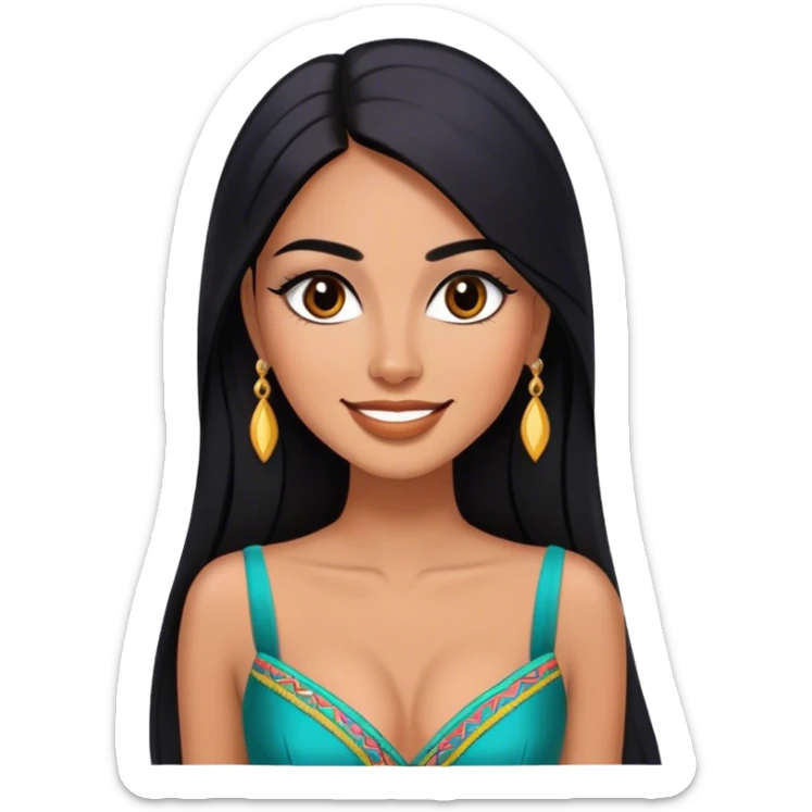beautiful fit tall woman, with long straight black hair, with make up, black eye liner, smile mooth close, mexican, brown skin, wearing beautiful couture outfit, flirting sticker