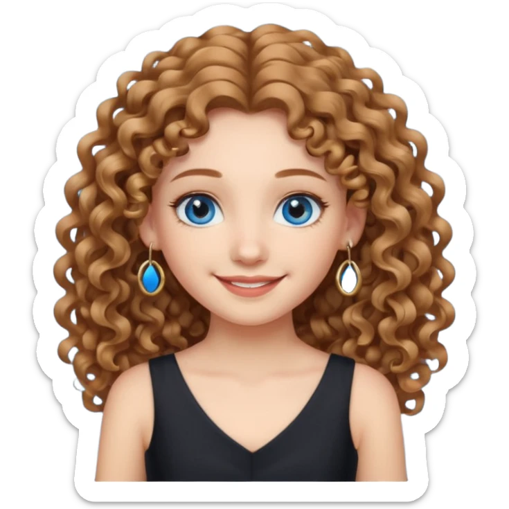 Girl with long light brown curly hair, blue eyes, black dress, hoops earrings. sticker
