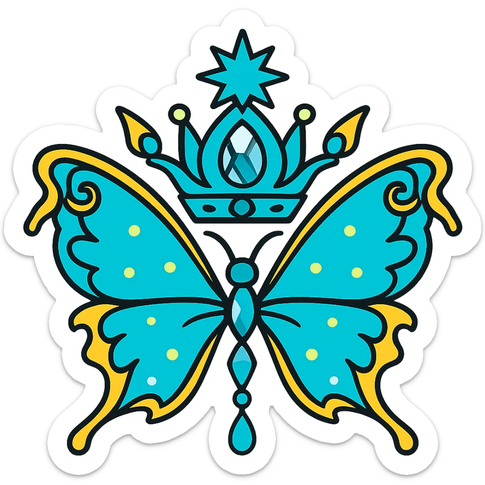 Change only the main color of the butterfly and crown to a glowing cyan, keeping all gold details, shapes, and style exactly as in the original. The result should look like the original but with a cyan main color. Output must be PNG with transparent background, for Discord role icon use. sticker