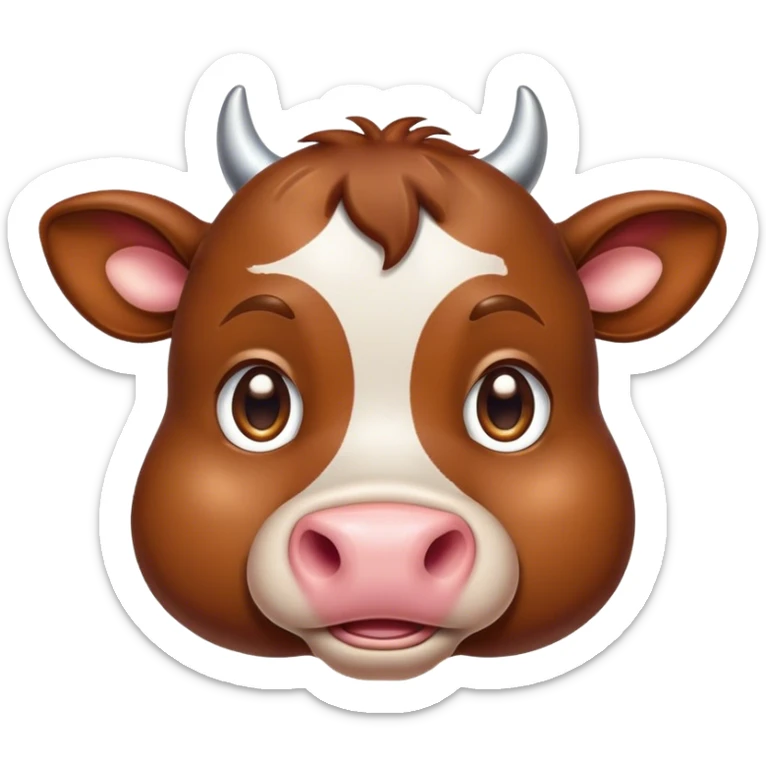 Cinematic Cute Brown Cow Portrait Emoji, Head tilted playfully and inquisitively, featuring a glossy, rich brown hide with a natural sheen, round, sparkling brown eyes filled with gentle curiosity, Simplified yet irresistibly adorable features, highly detailed, glowing with a warm, friendly glow, high shine, affectionate and serene, stylized with a touch of country charm, bright and endearing, soft glowing outline, capturing the essence of a mischievous yet loving cow, so playful it feels like it could moo out of the screen and into your arms! sticker