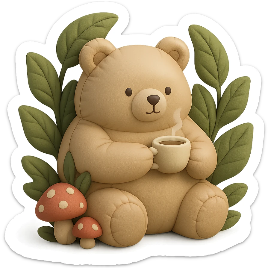 little bear sipping tea in the forest, surrounded by leaves and mushrooms, cushion style sticker