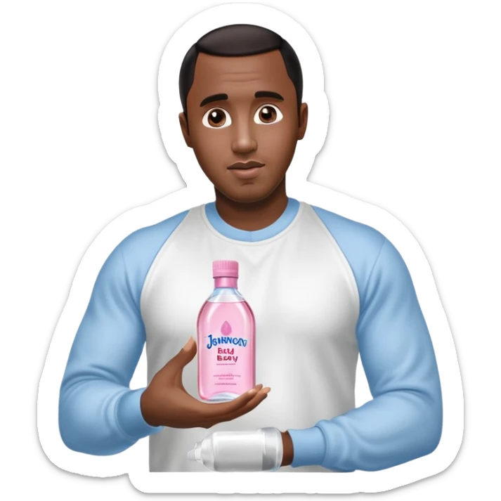 A realistic product shot of a transparent bottle of Johnson’s Baby Oil by Johnson & Johnson, featuring a soft pink label. The oil inside is crystal clear and glossy. Sean "Diddy" Combs is holding the bottle sticker